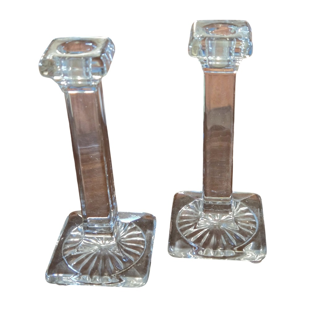Vintage Pressed Glass Candlestick Holders Set of 2 Square Base Starburst Tapers